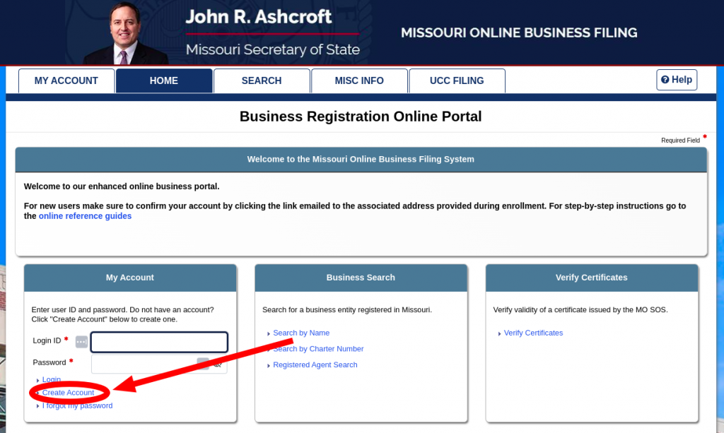 Screenshot of Account Registration Link in the Missouri Secretary of State Business Registration portal.