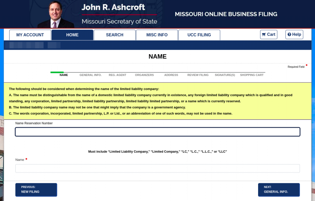Screenshot of Missouri Business Lookup in the Missouri Secretary of State Business Registration Portal.
