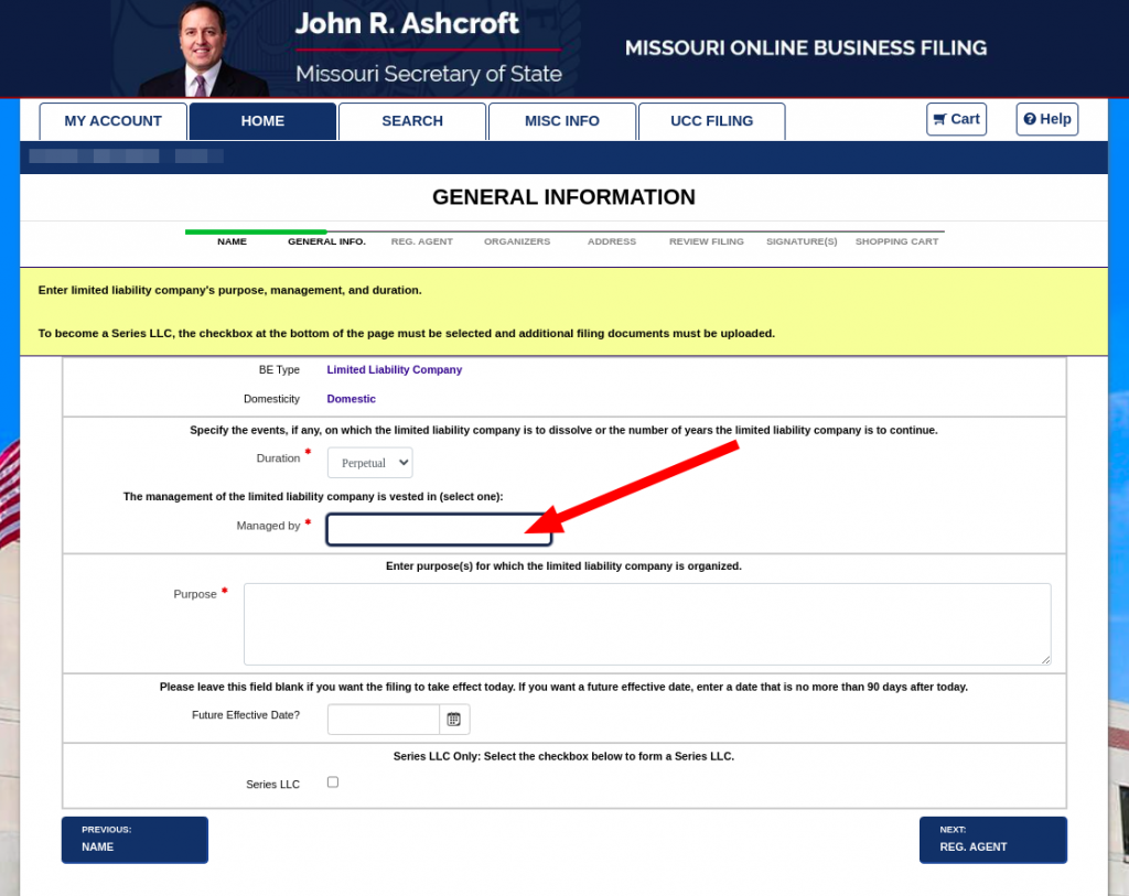 Screenshot of LLC Management Structure Options in the Missouri Secretary of State Business Registration Portal. 