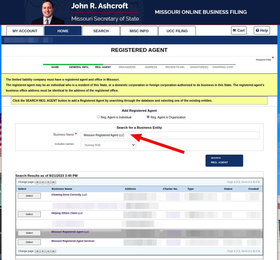 Screenshot of Missouri Registered Agent Search in Missouri Secretary of State Business Registration Portal.