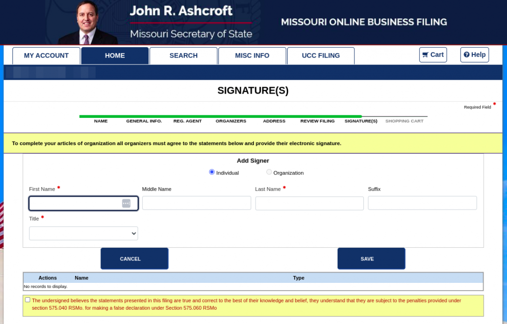 Screenshot of Organizer Signatures in the Missouri Secretary of State Business Registration Portal.