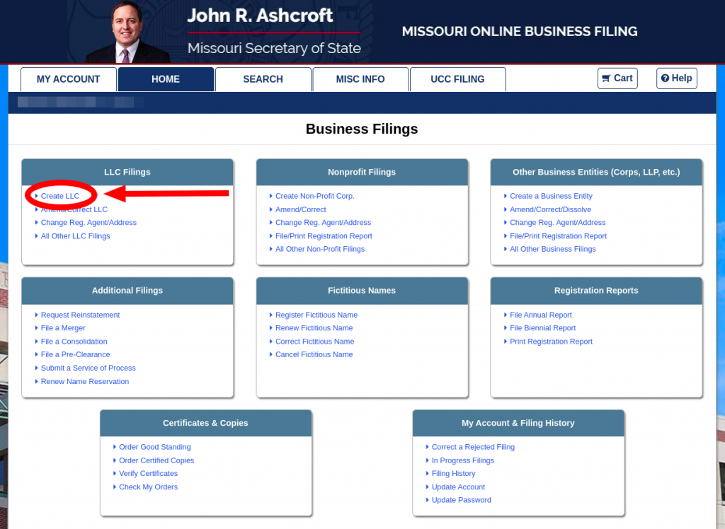 Screenshot of the Missouri Business Registration Online Portal dashboard. A red arrow points to the link to click on to "Create LLC."