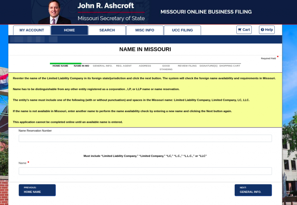 Screenshot of "Name in Missouri" section of the online Missouri Application for Registration of a Foreign Limited Liability Company.