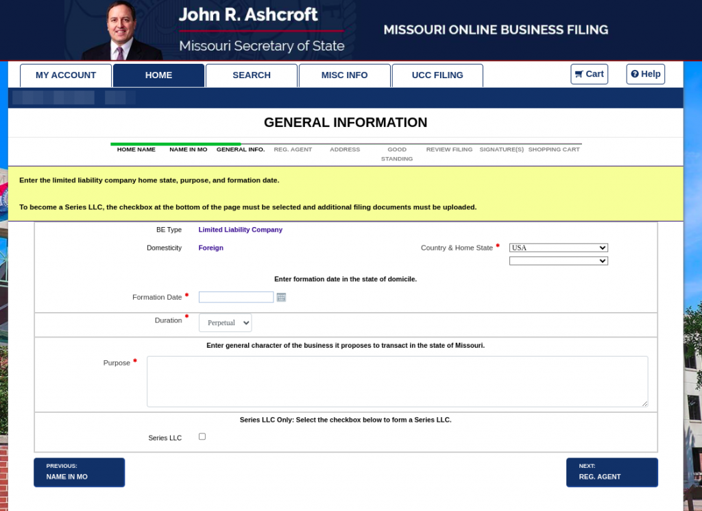 Screenshot of "General Information" section of the online Missouri Application for Registration of a Foreign Limited Liability Company.