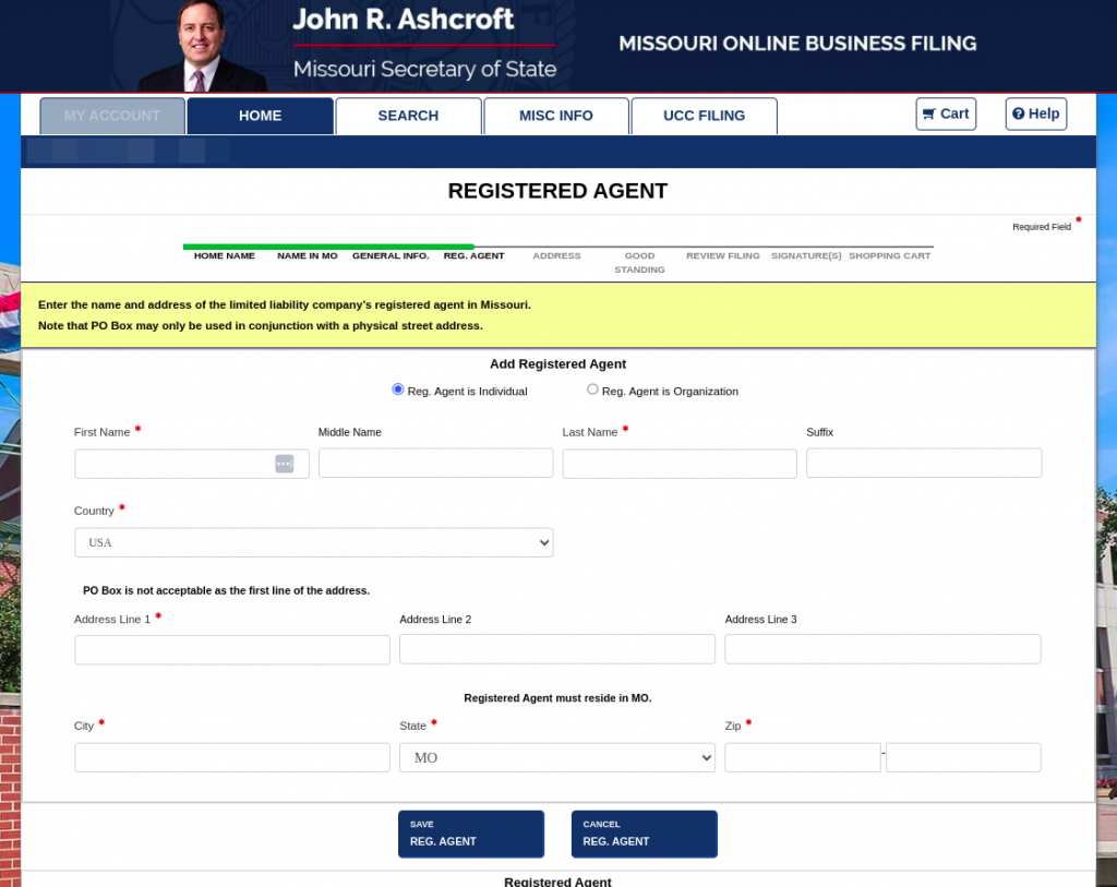 Screenshot of the "Registered Agent" section of the online Missouri Application for Registration of a Foreign Limited Liability Company.