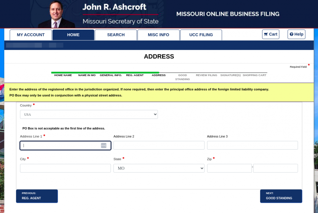 Screenshot of the "Address" section of the Missouri Application for Registration of a Foreign Limited Liability Company.