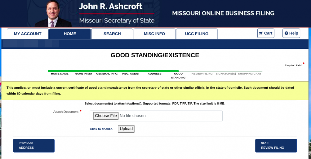 Screenshot of "Good Standing/Existence" section of the Missouri Application for Registration of a Foreign Limited Liability Company.