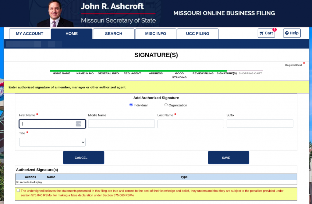 Screenshot of the "signatures" section of the online Missouri Application for Registration of a Foreign Limited Liability Company.