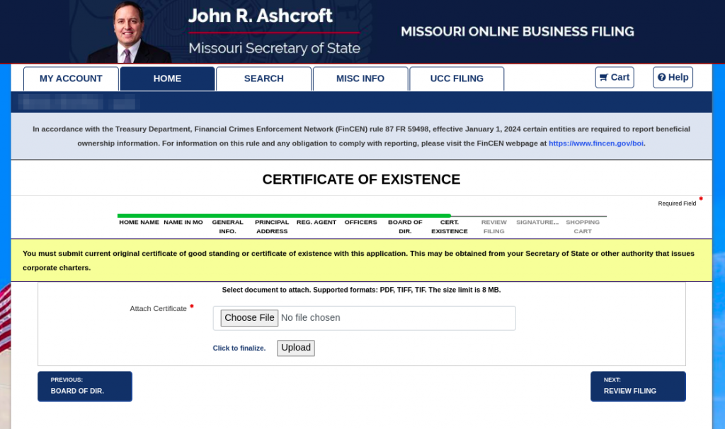 Screenshot of the "Certificate of Existence" section of the online Missouri Application for Registration of a Foreign Corporation.