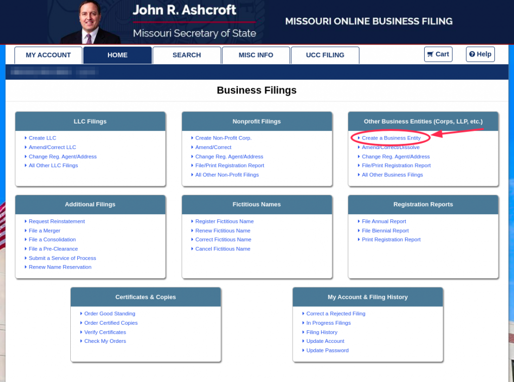 Screenshot of where to find the "Create Business Entity" form inside the Missouri Online Business Portal.