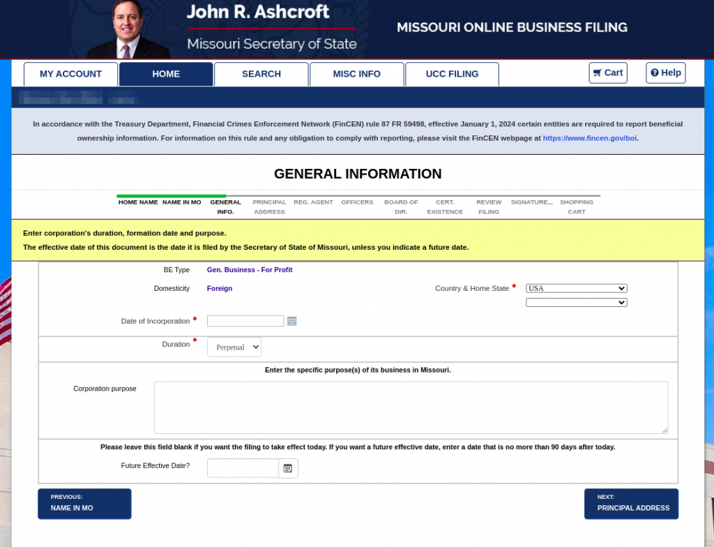 Screenshot of "General Information" section of the online Missouri Application for Registration of a Foreign Corporation.