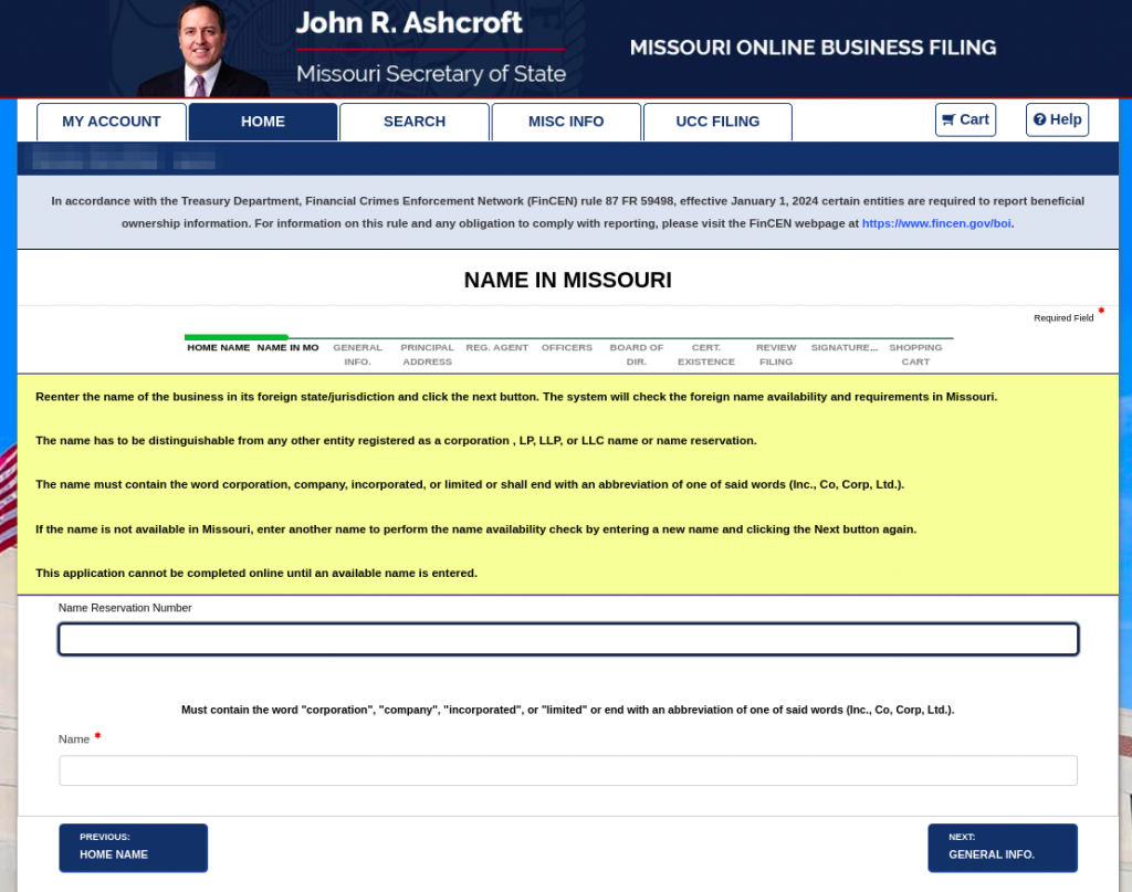 Screenshot of "Name in Missouri" section of the online Missouri Application for Registration of a Foreign Corporation.