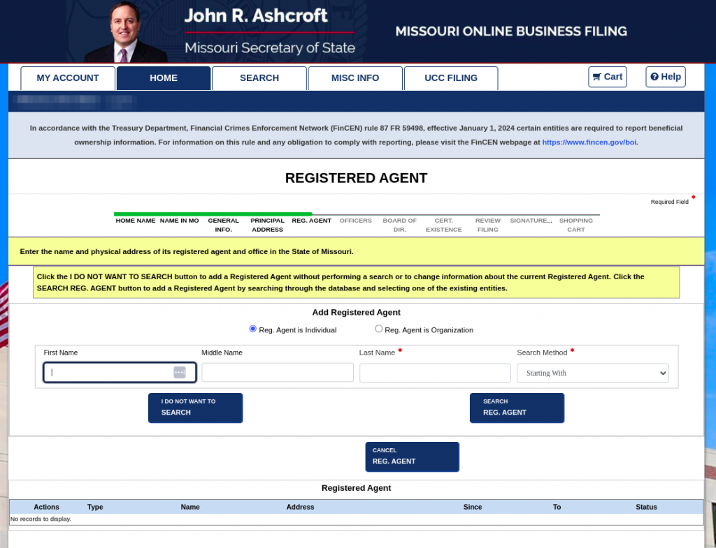 Screenshot of the "Registered Agent" section of the online Missouri Application for Registration of a Foreign Corporation.
